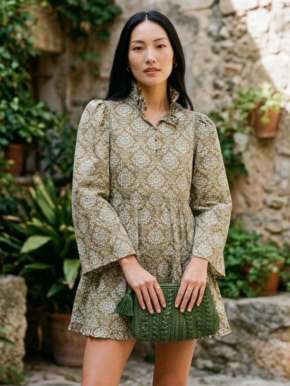 NWT Medium Tuckernuck Hyacinth House Bell Sleeve Tiered Mini Dress in Olive